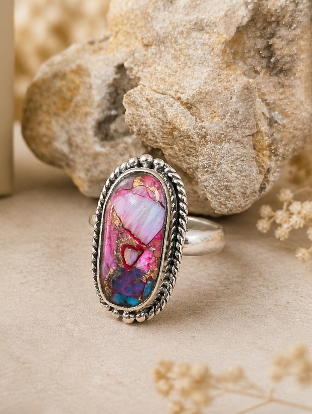 Pink Oyster Turquoise Ring Size 6.5